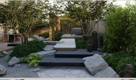 Jardín de los Cuatro Elementos - Pérgola, Rocalla y Peldaños de Piedra