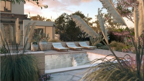 Jardín de Agua - Piscina y Solárium al Atardecer